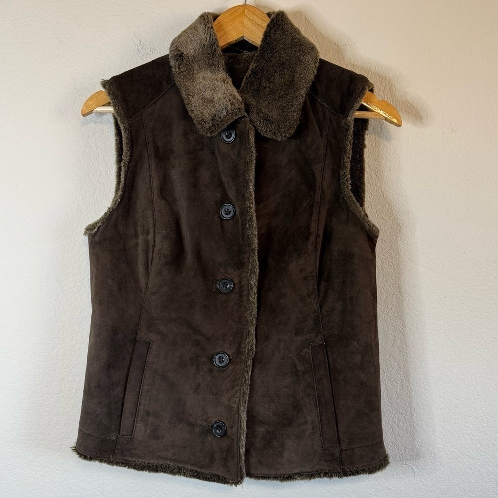 Vintage Eddie Bauer Brown General Leather Suede Faux Fur Button Front Vest Sz XS